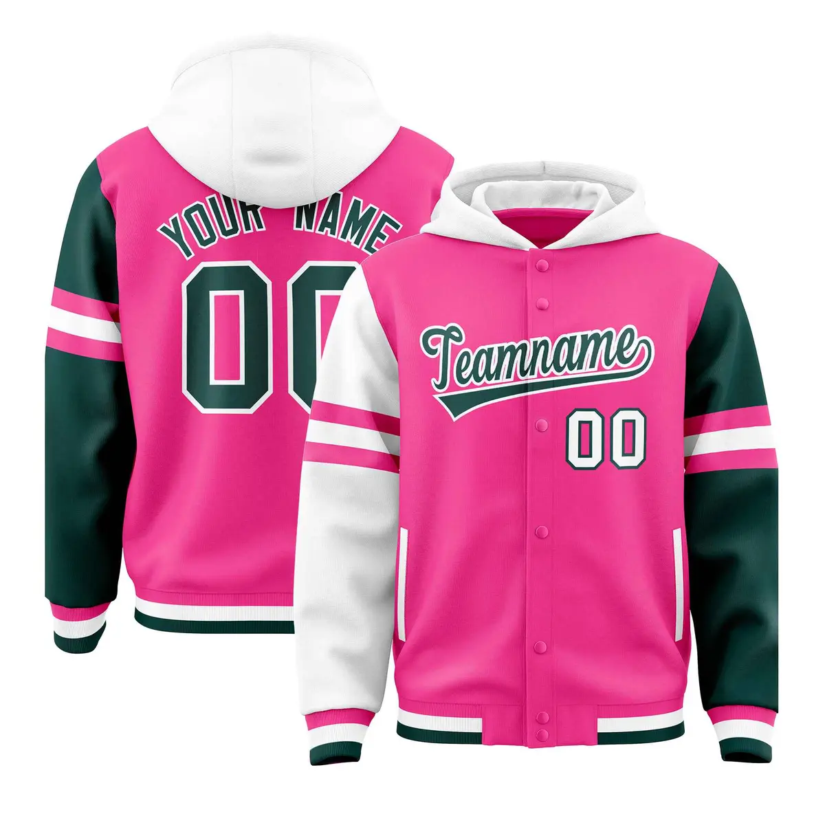 Pink White-Midnight Green Raglan Three Stripes Varsity Full-Snap Letterman Jacket Hoodie