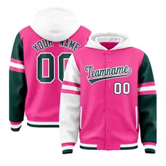 Pink White-Midnight Green Raglan Three Stripes Varsity Full-Snap Letterman Jacket Hoodie 1