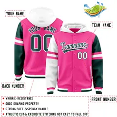 Pink White-Midnight Green Raglan Three Stripes Varsity Full-Snap Letterman Jacket Hoodie 4