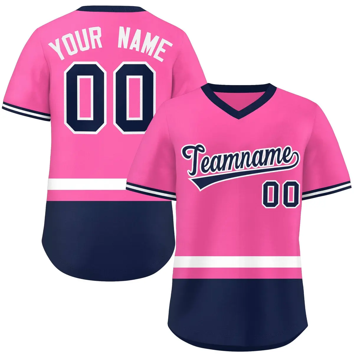 Pink White-Navy Color Block V-Neck Pullover Baseball Jersey