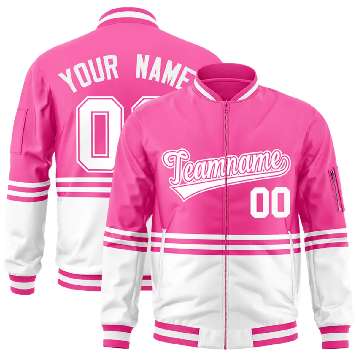 Pink White-Pink Color Block Varsity Letterman Bomber Jacket