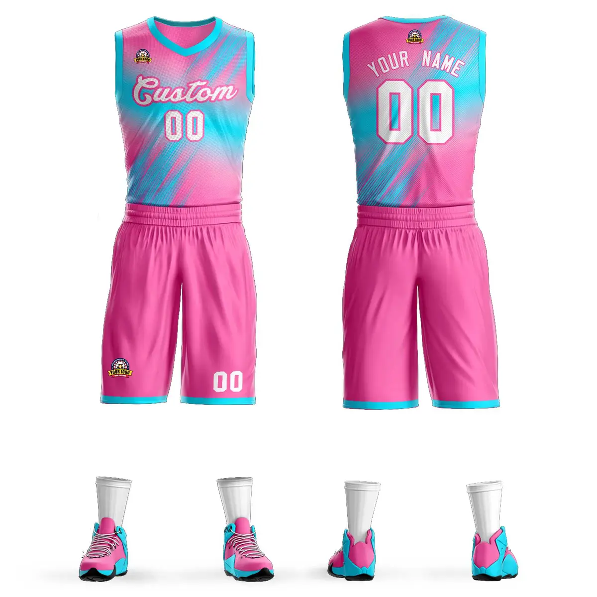 Pink White-Pink Gradient Slash Basketball Jersey