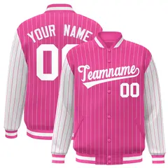 Pink White Pinstripe Raglan Varsity Letterman Baseball Jacket 1