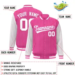 Pink White Pinstripe Raglan Varsity Letterman Baseball Jacket 2