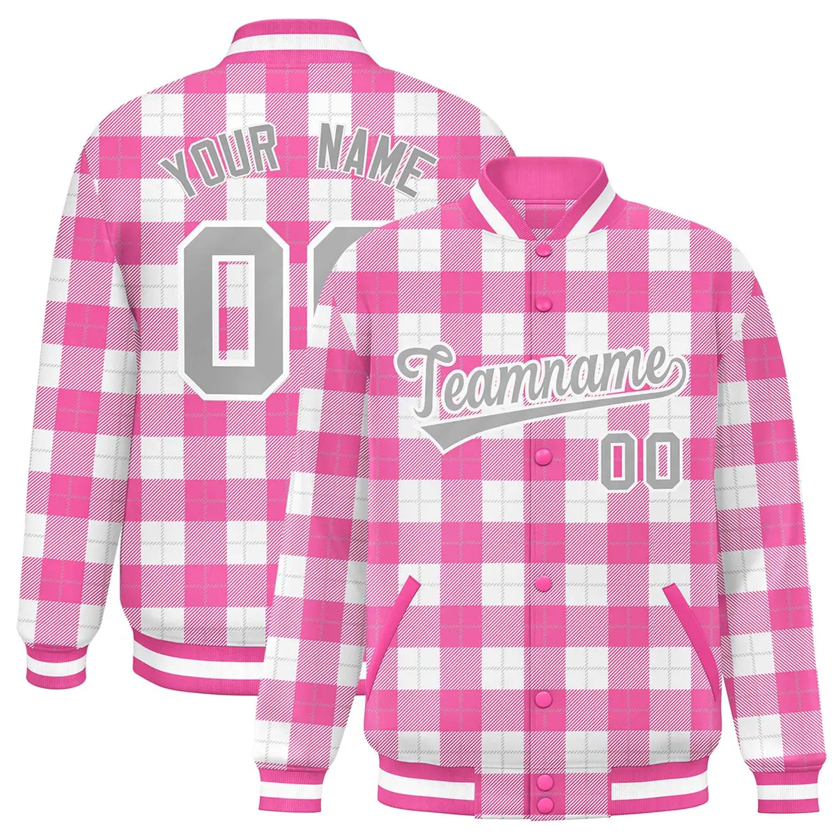 Pink White Plaid Varsity Letterman Baseball Jacket