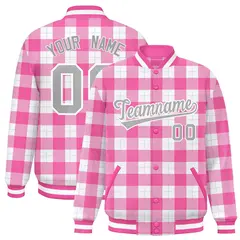 Pink White Plaid Varsity Letterman Baseball Jacket 1