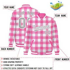 Pink White Plaid Varsity Letterman Baseball Jacket 2