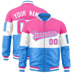 Pink White-Powder Blue Color Block Full-Zip Varsity Letterman Bomber Jacket 1