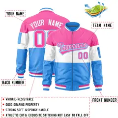 Pink White-Powder Blue Color Block Full-Zip Varsity Letterman Bomber Jacket 2