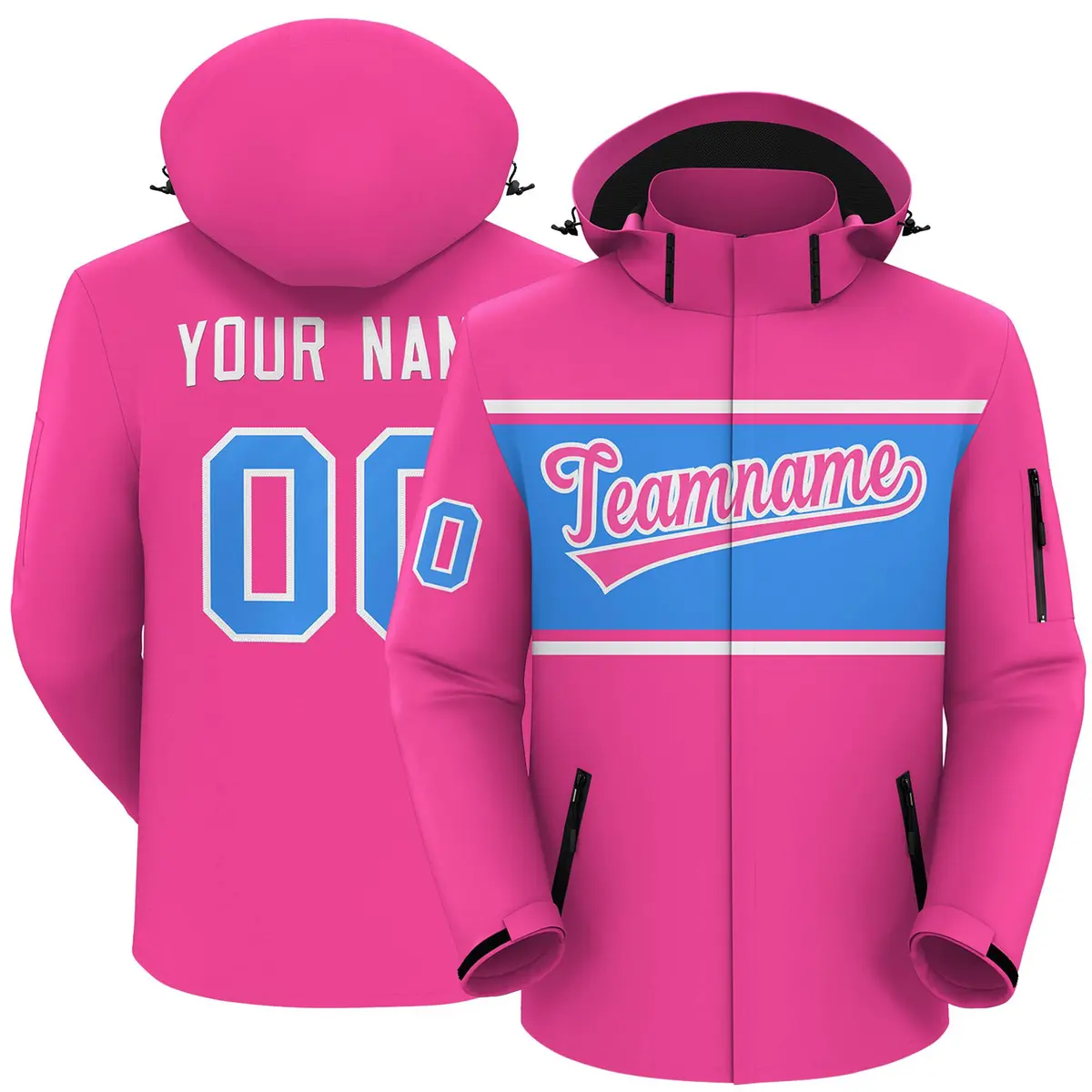 Pink White-Powder Blue Color Block Hooded Waterproof Jacket