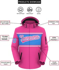 Pink White-Powder Blue Color Block Hooded Waterproof Jacket 2