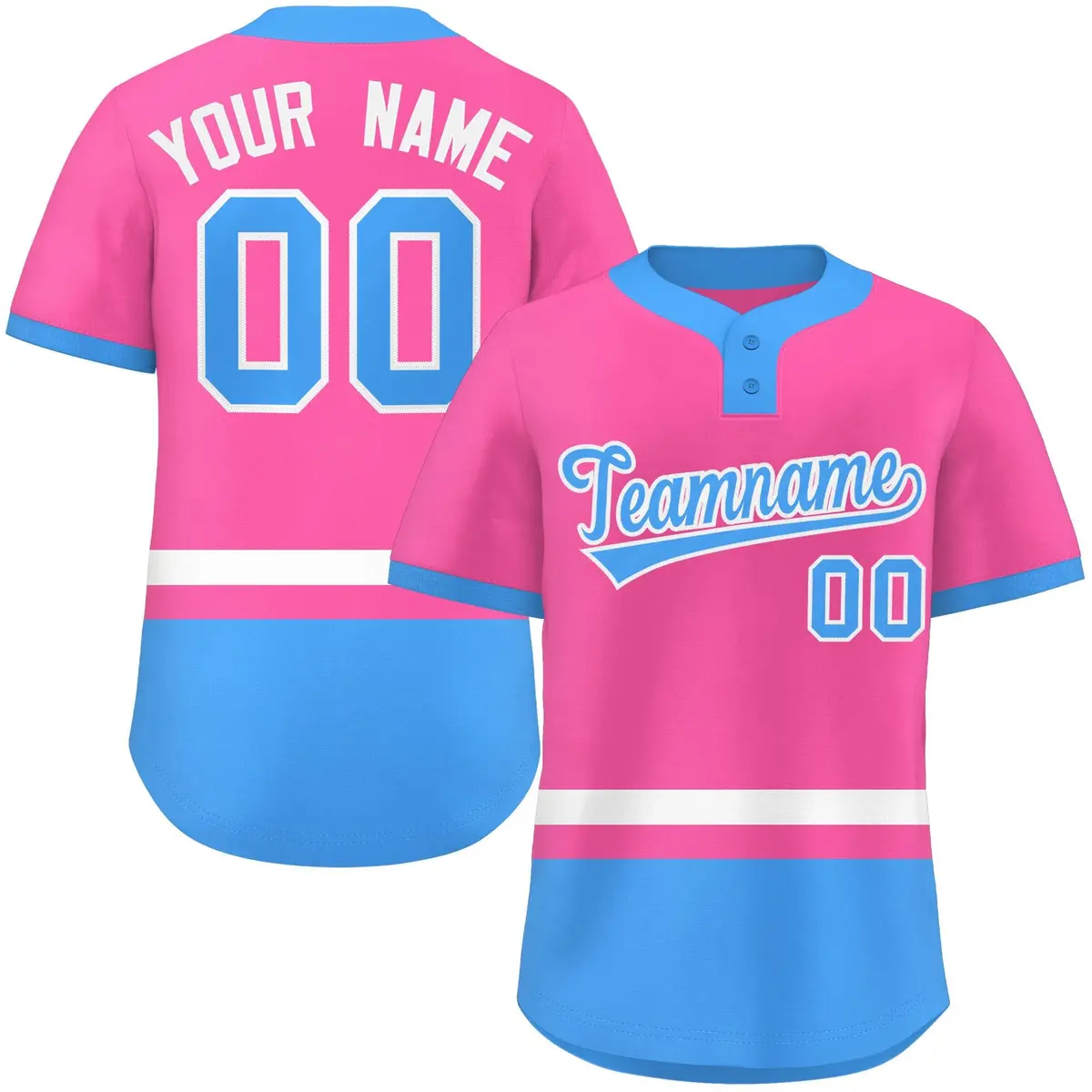 Pink White-Powder Blue Color Block Two-Button Softball Jersey