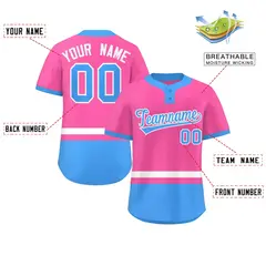 Pink White-Powder Blue Color Block Two-Button Softball Jersey 2