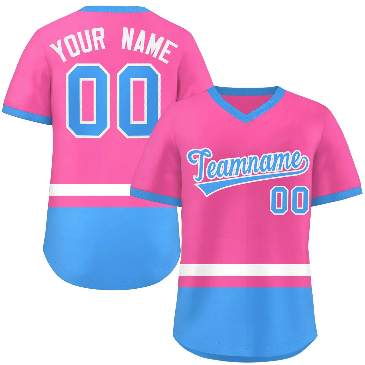 Pink White-Powder Blue Color Block V-Neck Baseball Jersey