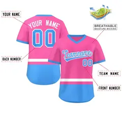Pink White-Powder Blue Color Block V-Neck Baseball Jersey 2