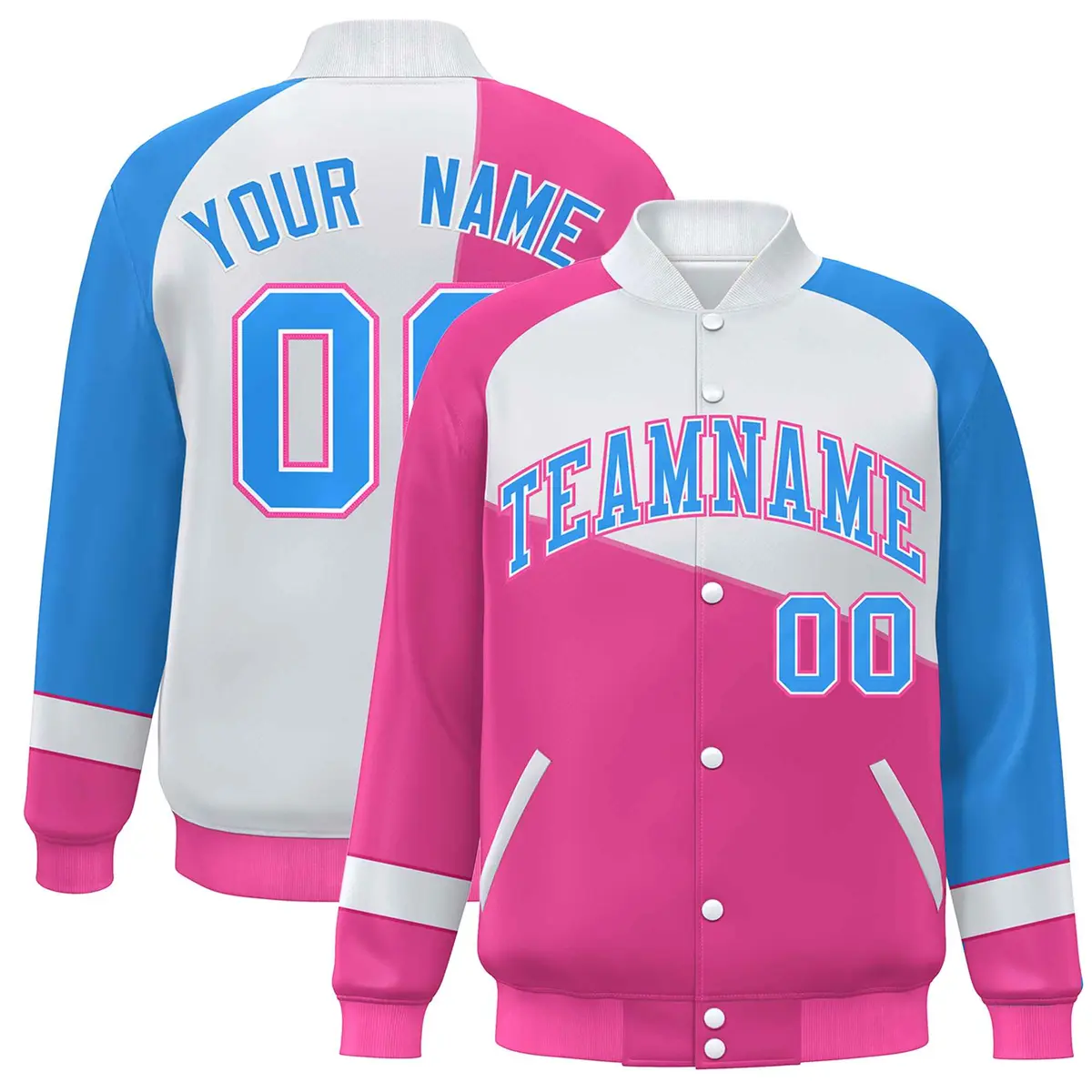 Pink White-Powder Blue Color Block Varsity Full-Snap Baseball Jacket