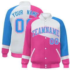 Pink White-Powder Blue Color Block Varsity Full-Snap Baseball Jacket