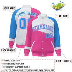 Pink White-Powder Blue Color Block Varsity Full-Snap Baseball Jacket 2