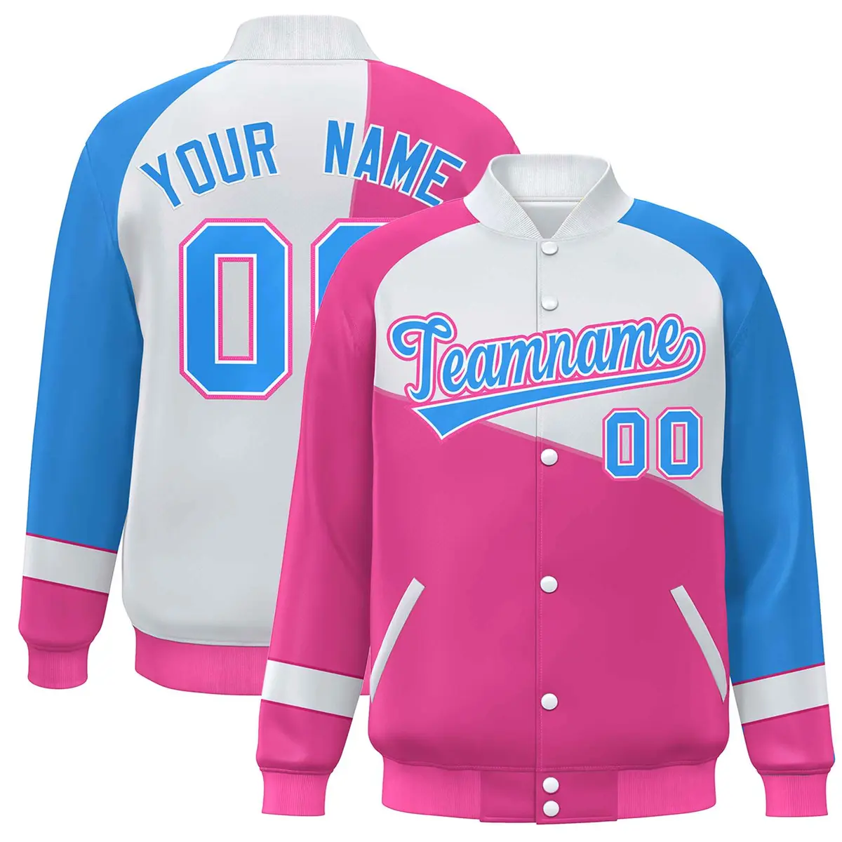 Pink White-Powder Blue Color Block Varsity Full-Snap Baseball Jacket