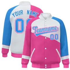 Pink White-Powder Blue Color Block Varsity Full-Snap Baseball Jacket