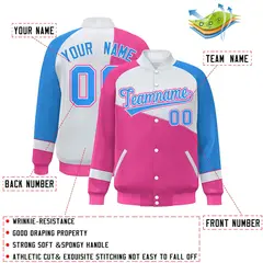 Pink White-Powder Blue Color Block Varsity Full-Snap Baseball Jacket 2