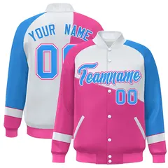 Pink White-Powder Blue Color Block Varsity Full-Snap Baseball Jacket