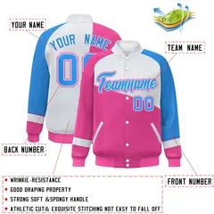 Pink White-Powder Blue Color Block Varsity Full-Snap Baseball Jacket 2