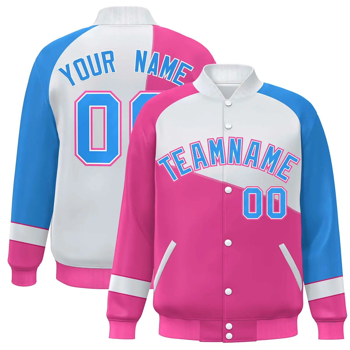 Pink White-Powder Blue Color Block Varsity Full-Snap Baseball Jacket