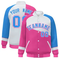 Pink White-Powder Blue Color Block Varsity Full-Snap Baseball Jacket