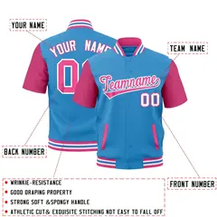 Pink White Powder Blue Full-Snap Short Sleeve Varsity Jacket 2