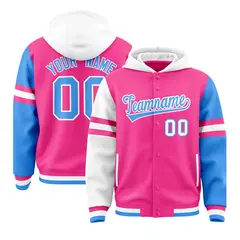 Pink White-Powder Blue Three Stripes Raglan Full-Snap Varsity Letterman Hoodie