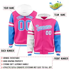 Pink White-Powder Blue Three Stripes Raglan Full-Snap Varsity Letterman Hoodie 4