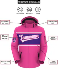 Pink White-Purple Color Block Hooded Waterproof Jacket 2