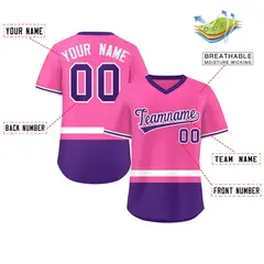 Pink White-Purple Color Block V-Neck Baseball Jersey 2