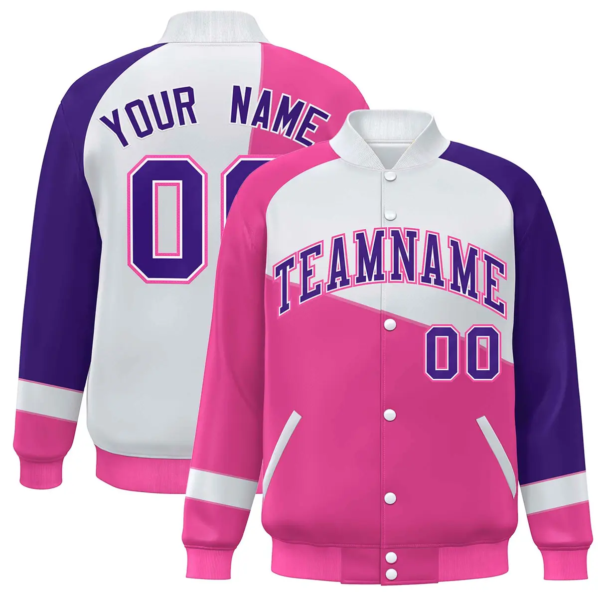 Pink White-Purple Color Block Varsity Full-Snap Baseball Jacket