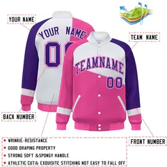 Pink White-Purple Color Block Varsity Full-Snap Baseball Jacket 2