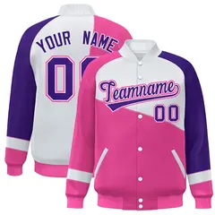 Pink White-Purple Color Block Varsity Full-Snap Baseball Jacket