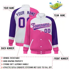 Pink White-Purple Color Block Varsity Full-Snap Baseball Jacket 2