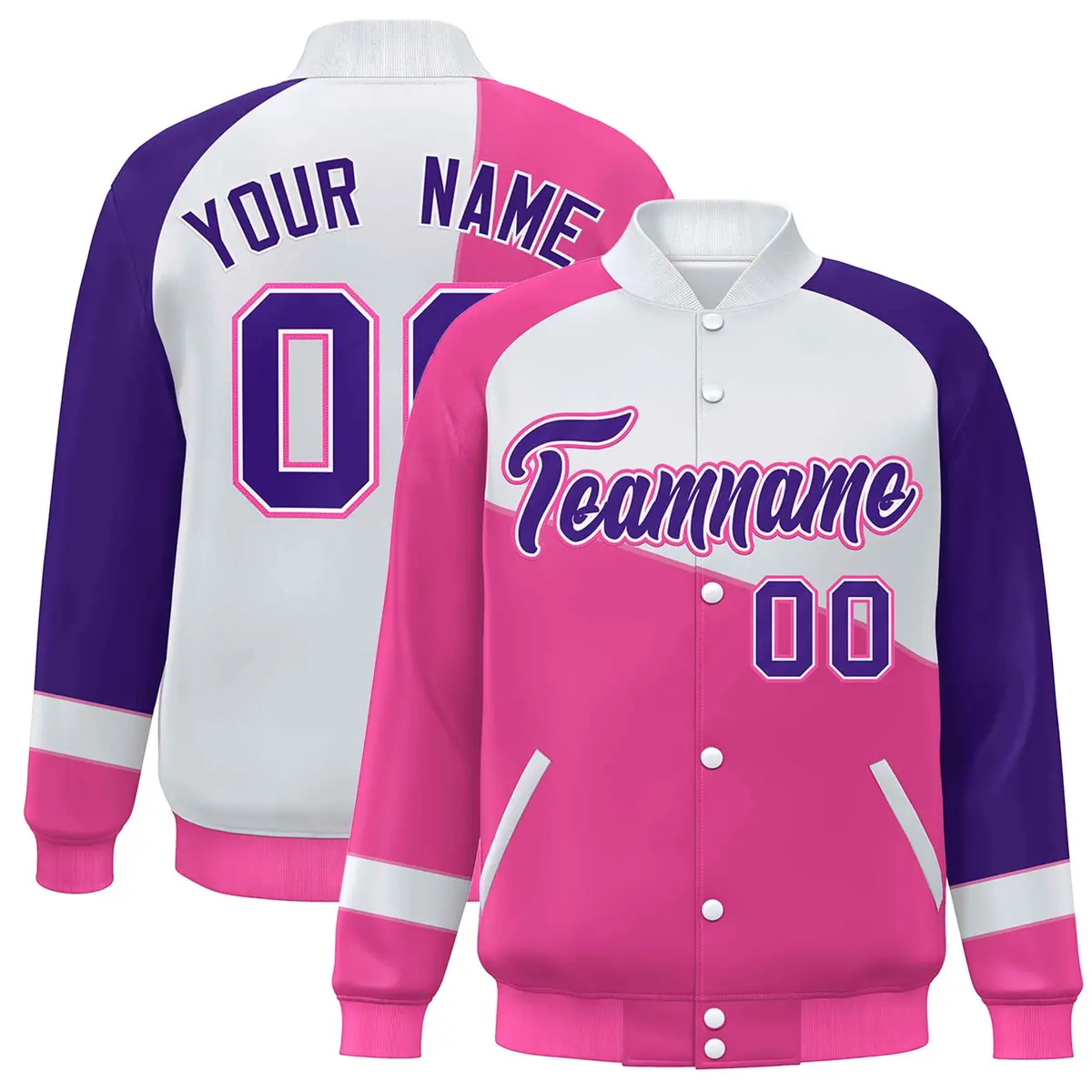 Pink White-Purple Color Block Varsity Full-Snap Baseball Jacket