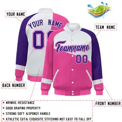 Pink White-Purple Color Block Varsity Full-Snap Baseball Jacket 2
