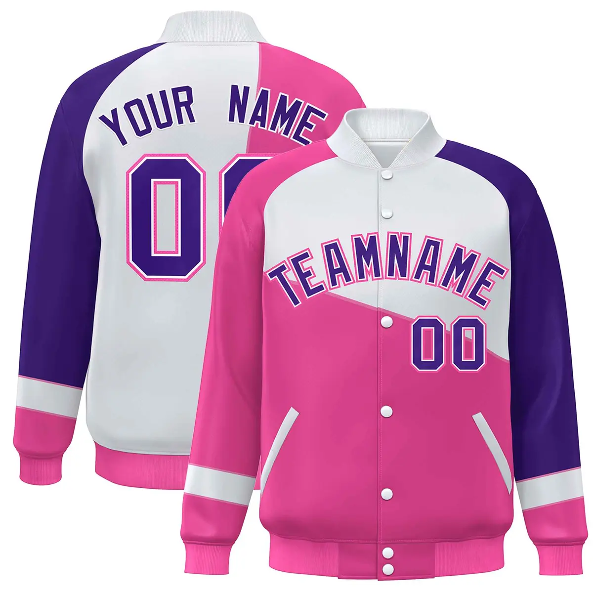 Pink White-Purple Color Block Varsity Full-Snap Baseball Jacket
