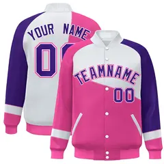 Pink White-Purple Color Block Varsity Full-Snap Baseball Jacket