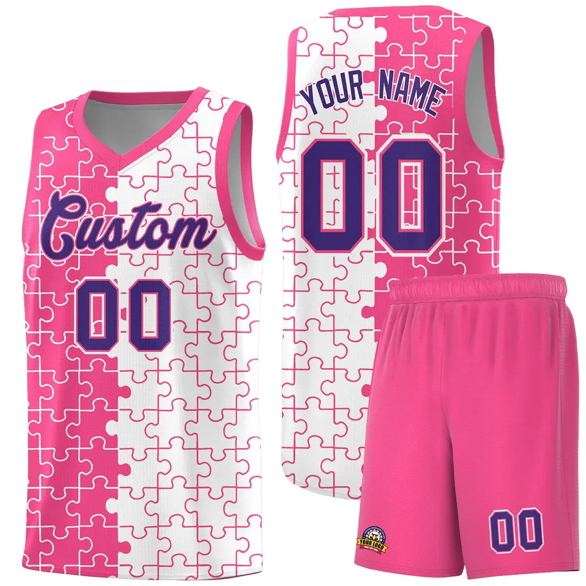 Pink White Puzzle Pattern Splid Basketball Kits