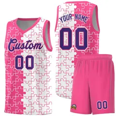 Pink White Puzzle Pattern Splid Basketball Kits 1