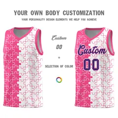 Pink White Puzzle Pattern Splid Basketball Kits 3