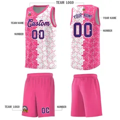 Pink White Puzzle Pattern Splid Basketball Kits 5
