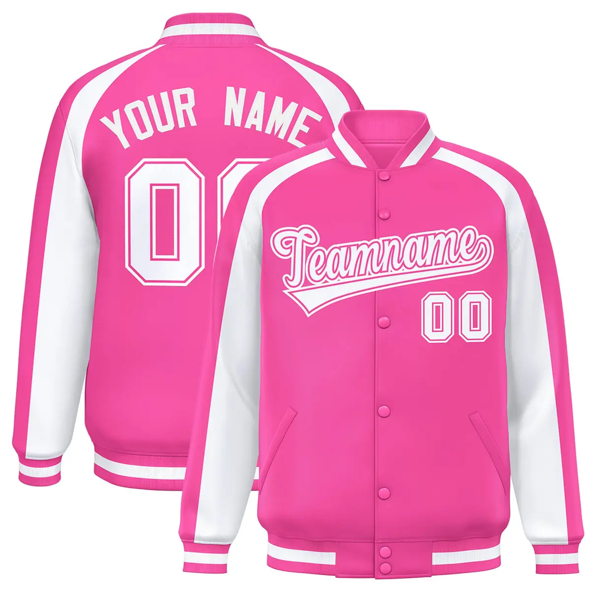 Pink White Raglan Color Block Varsity Full-Snap Letterman Jacket