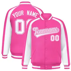 Pink White Raglan Color Block Varsity Full-Snap Letterman Jacket