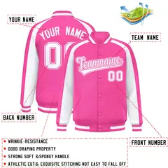 Pink White Raglan Color Block Varsity Full-Snap Letterman Jacket 2