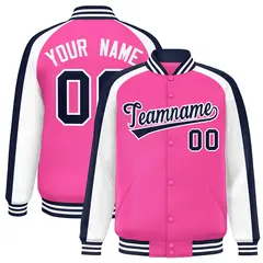 Pink White Raglan Color Block Varsity Full-Snap Letterman Jacket 1